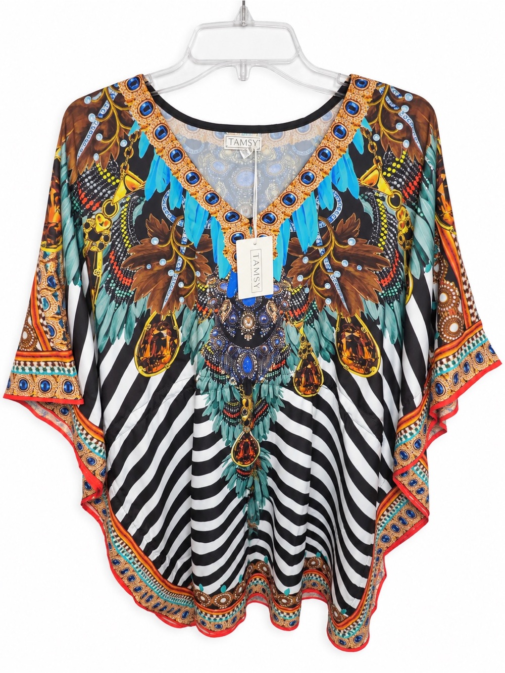 TAMSY Women’s One Size Kaftan Tunic Top Jeweled Feather Zebra Print NWT